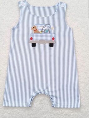 Blue Striped Baby One-Piece Romper with Dog Truck Applique